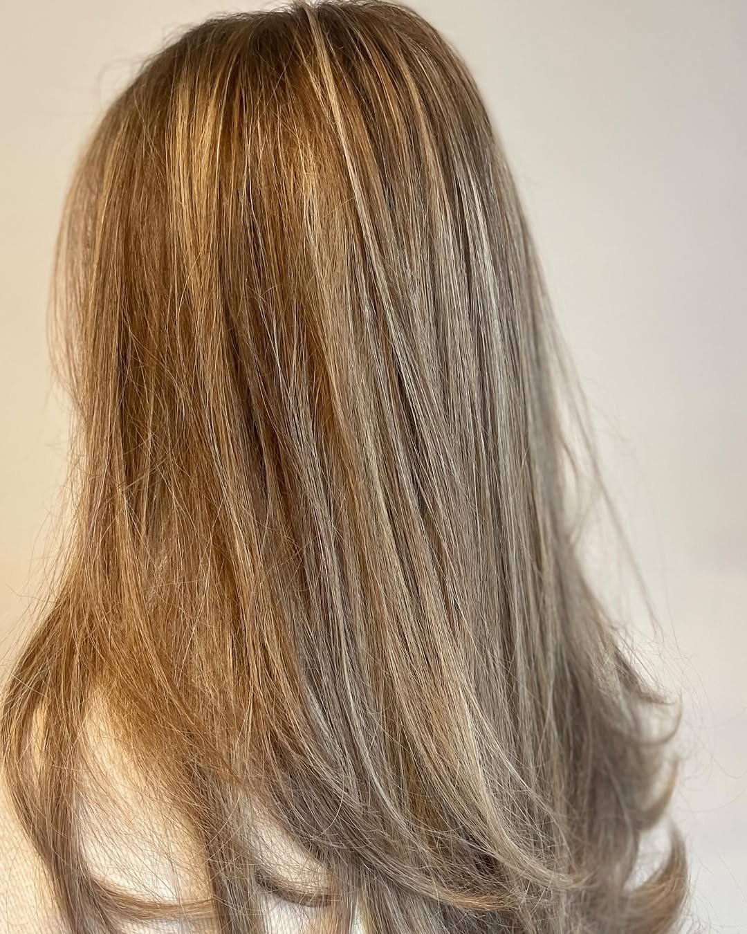 Zachte blonde babylights in lang, gelaagd haar, van achteren